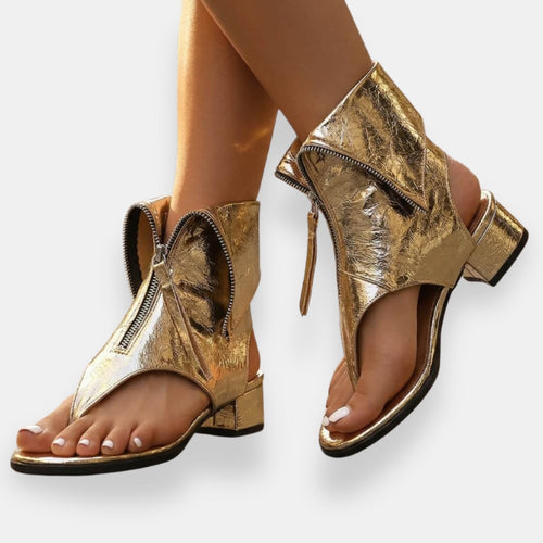 Gracelyn - Luminous Zip-Front Sandals - Gold
