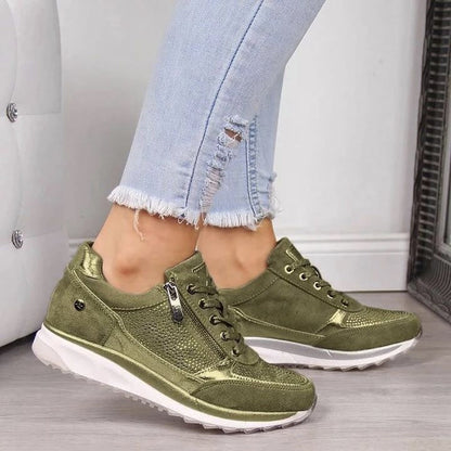 Raina - Lace Up Sneakers With Side Zip Casual Fit - Beige