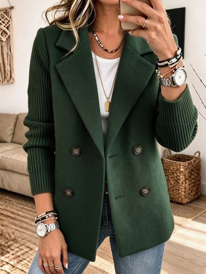 Adalene - Knit Sleeve Double Breasted Blazer - Green