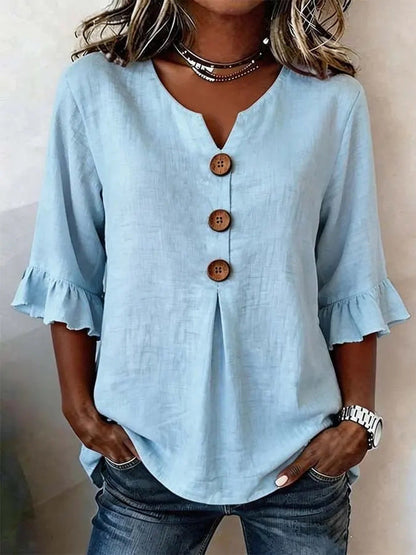 Jessara - Ruffle-Sleeve Linen Blouse - White