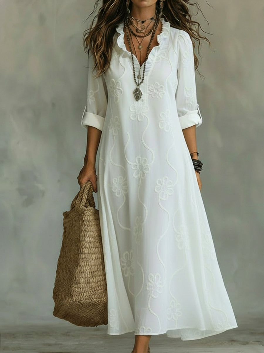 Kallie - Embroidered V Neck Maxi Dress Casual Fit - White