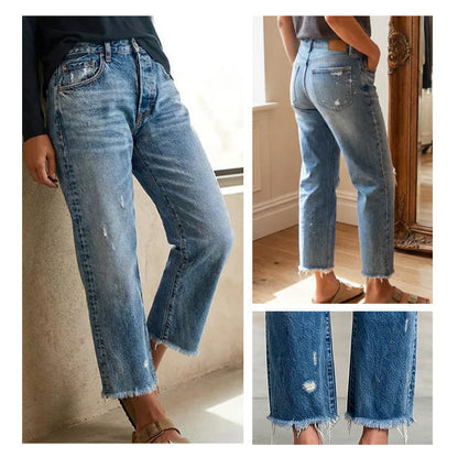 Zelda - Premium Stretch Cropped Jeans - Classic Blue