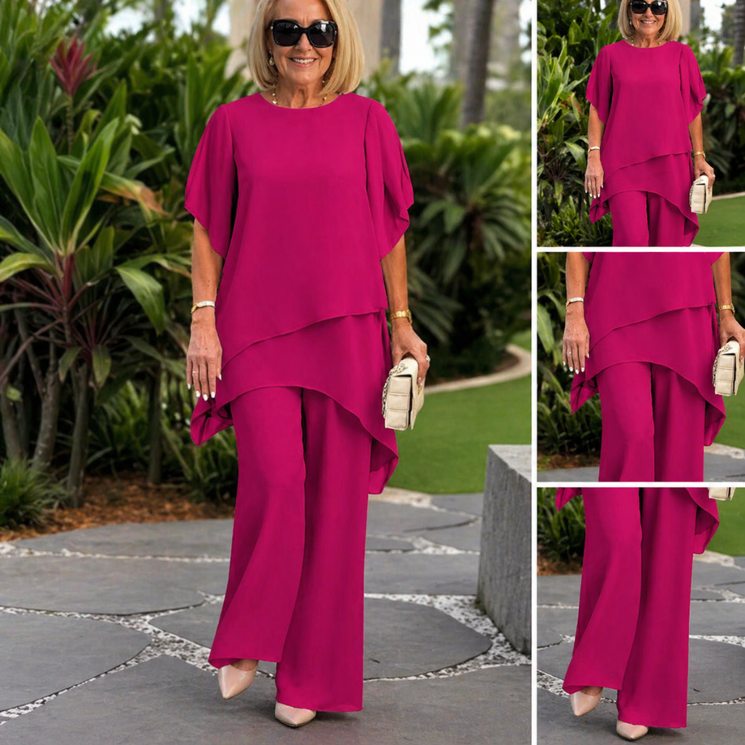 Jessenia - Layered Tunic and Trousers Set - Pink