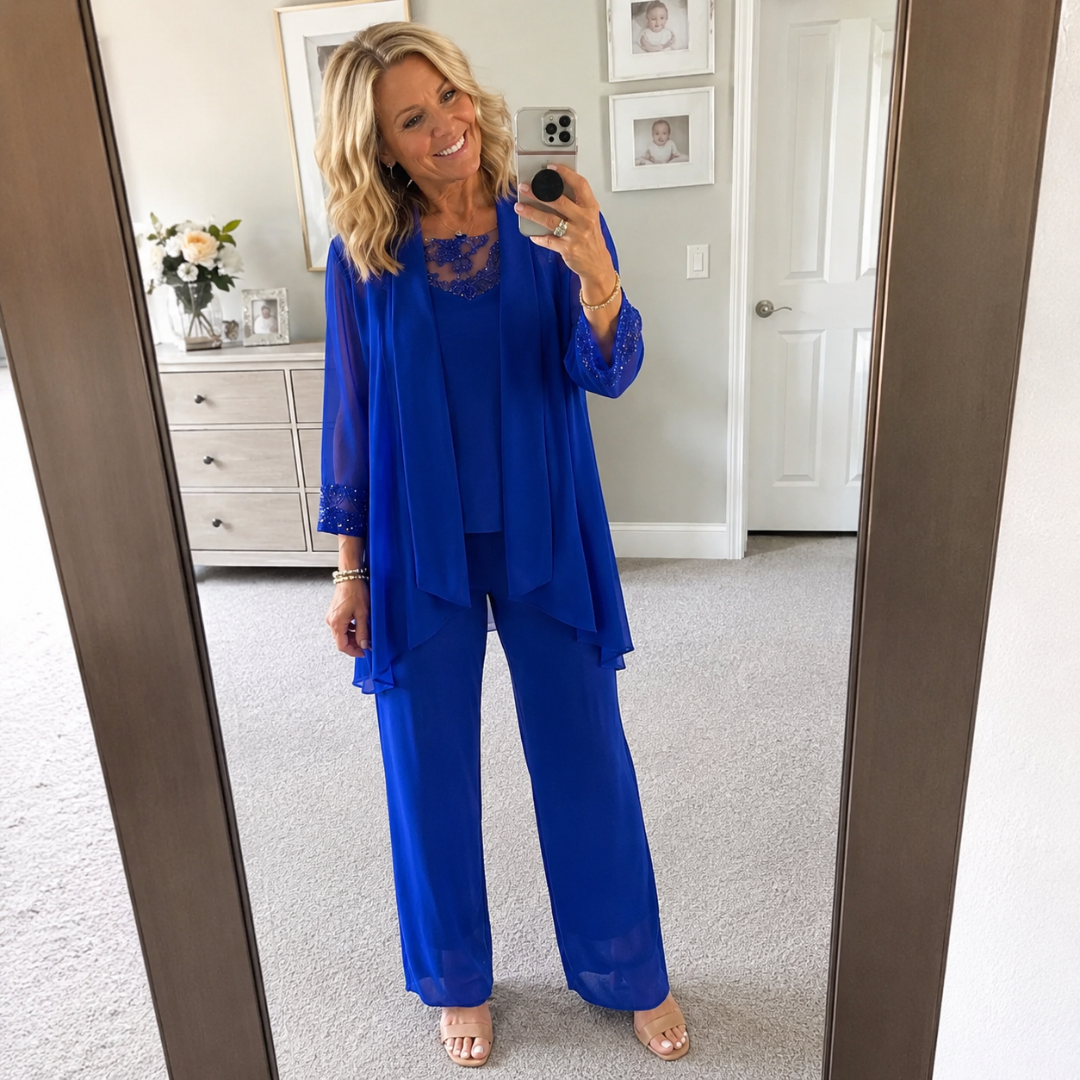 Aeliana - Elegant Three-Piece Jacket & Wide-Leg Trouser Set - Blue