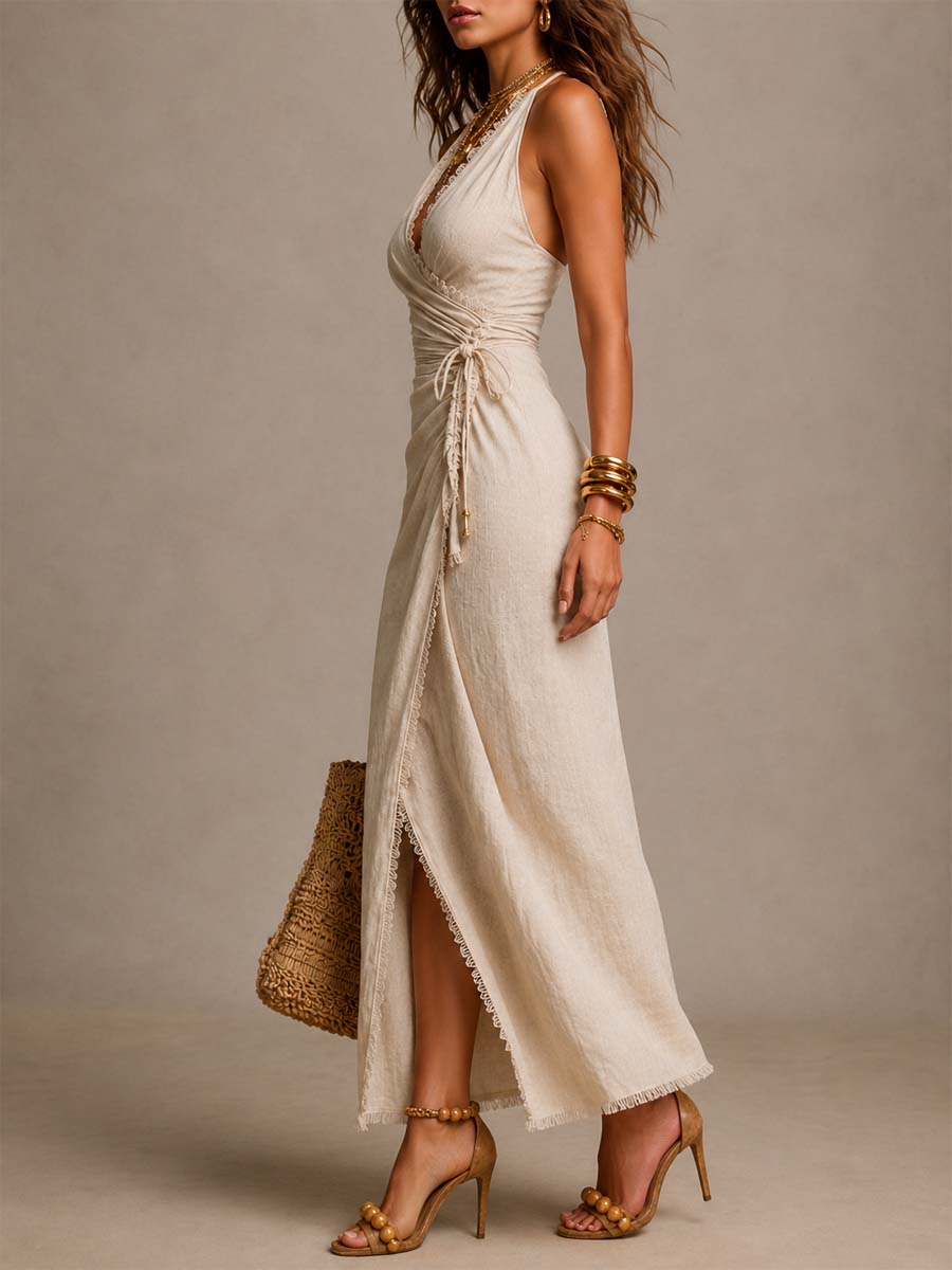 Aeloria - Premium Linen Wrap Midi Dress - Beige