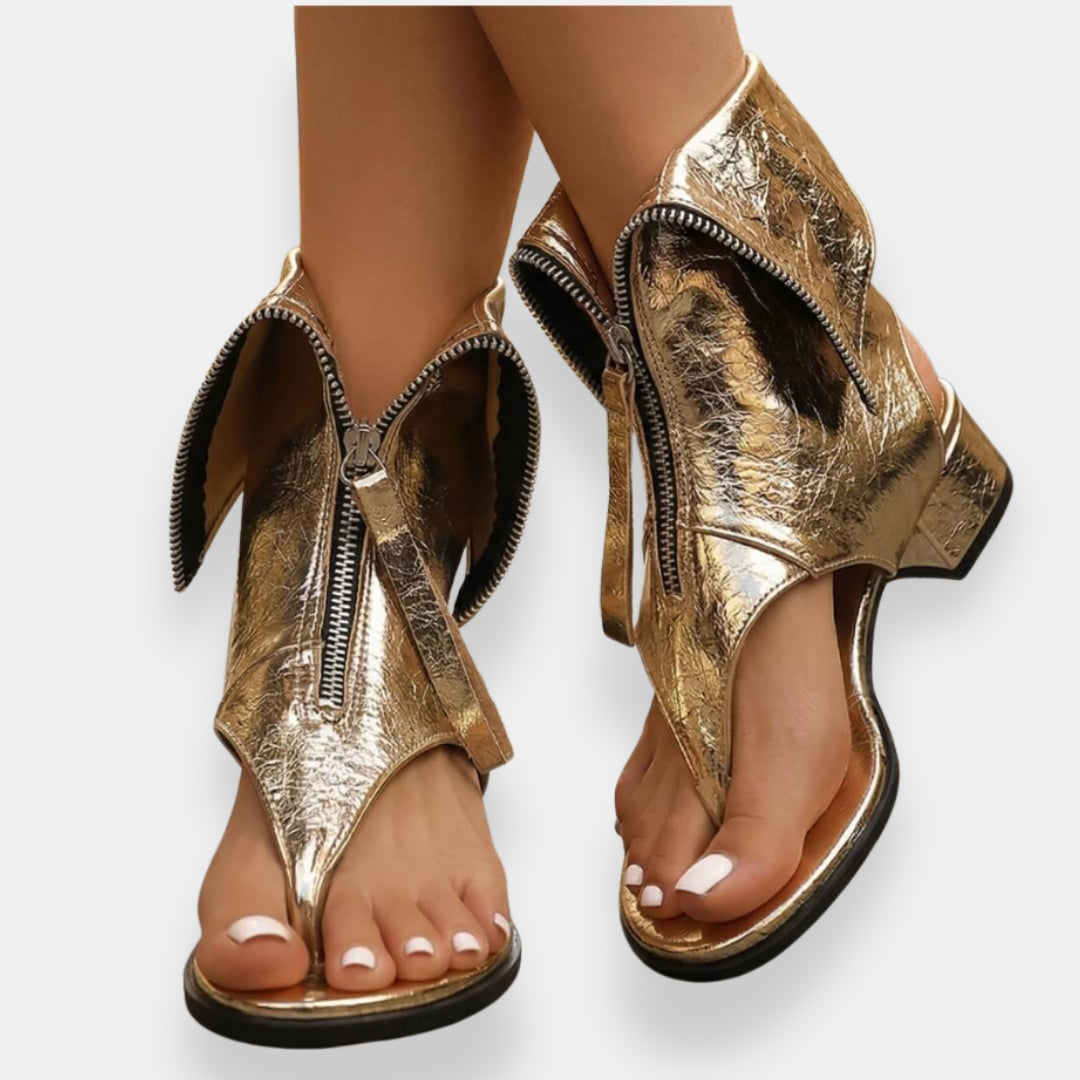 Gracelyn - Luminous Zip-Front Sandals - Gold
