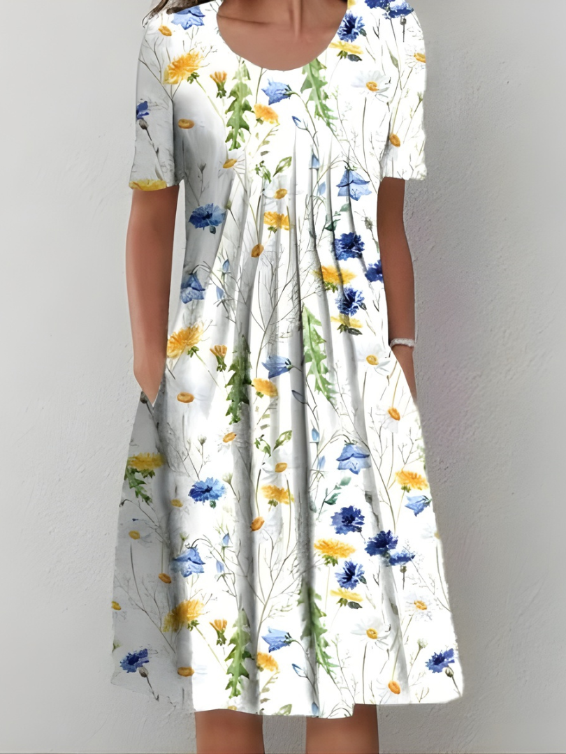 Amelia - Soft-Touch Pleated Dress - White (Red Flowers)