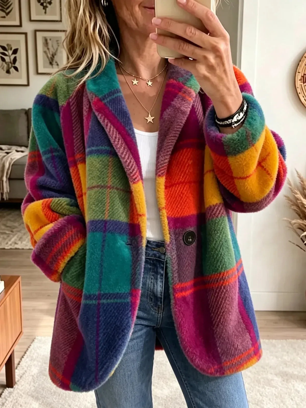 Apollonia - Plush Oversized Checked Jacket - Red