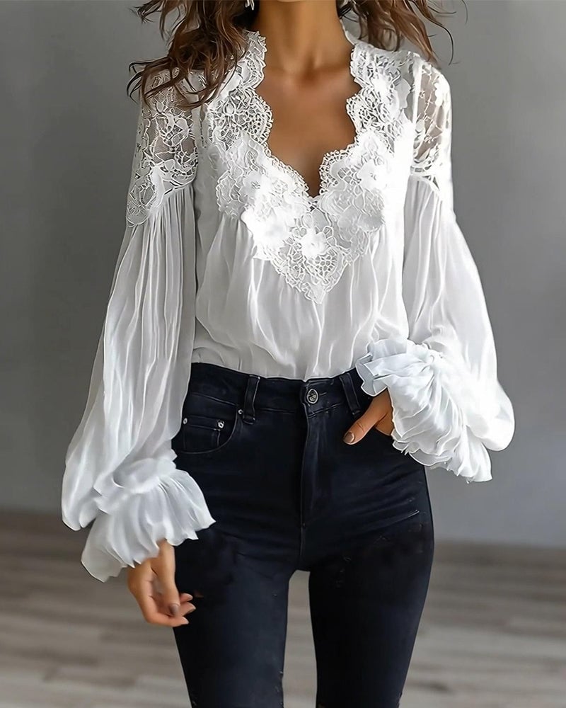 Celinrae - V-Neck Lace Long Sleeve Blouse - White