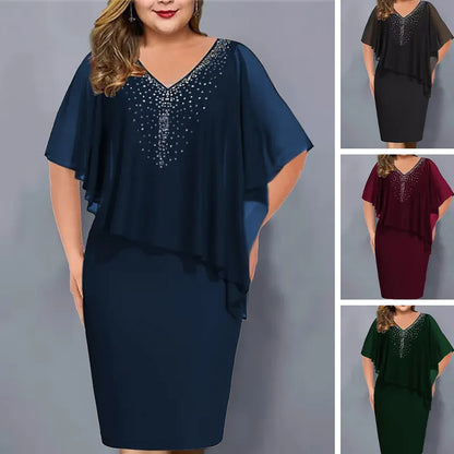 Lirienne - Premium Rhinestone V-Neck Midi Dress - Black