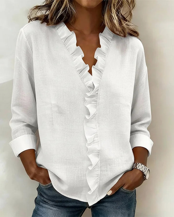 Brinae - Soft-Touch Long-Sleeve Ruffled V-Neck Blouse - Pink