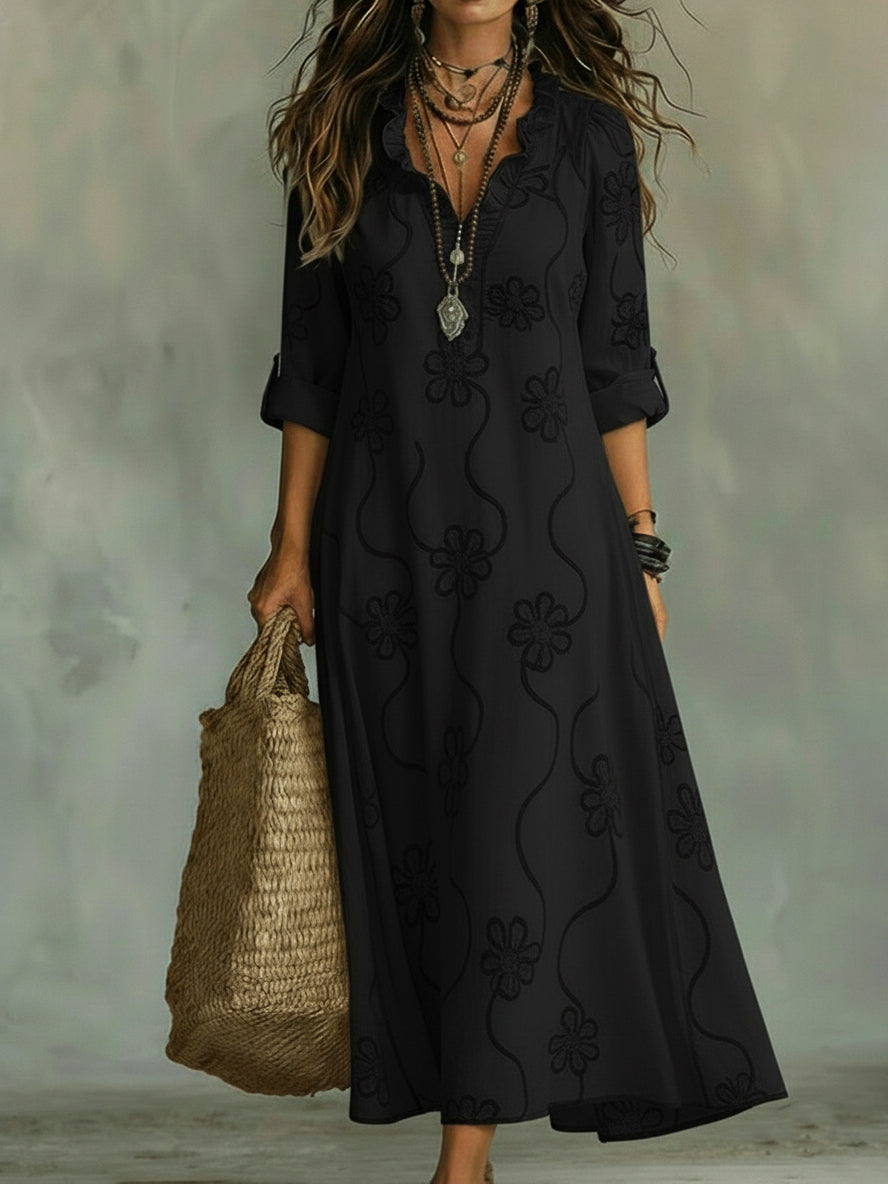 Kallie - Embroidered V Neck Maxi Dress Casual Fit - White
