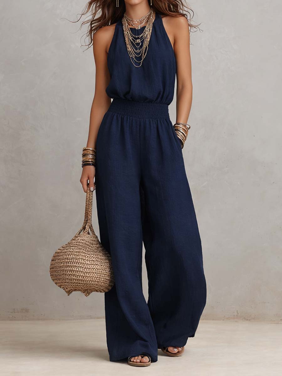 Elenie - Lightweight Halter-Neck Jumpsuit - White