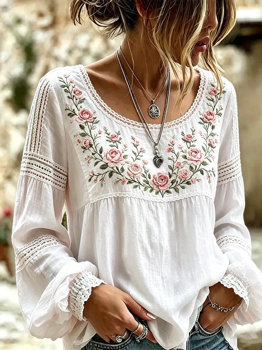 Tressalia - Embroidered Linen Blouse - Pink