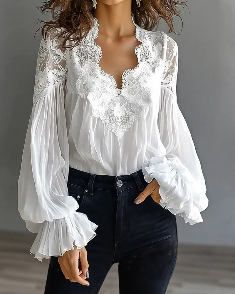 Celinrae - V-Neck Lace Long Sleeve Blouse - Black
