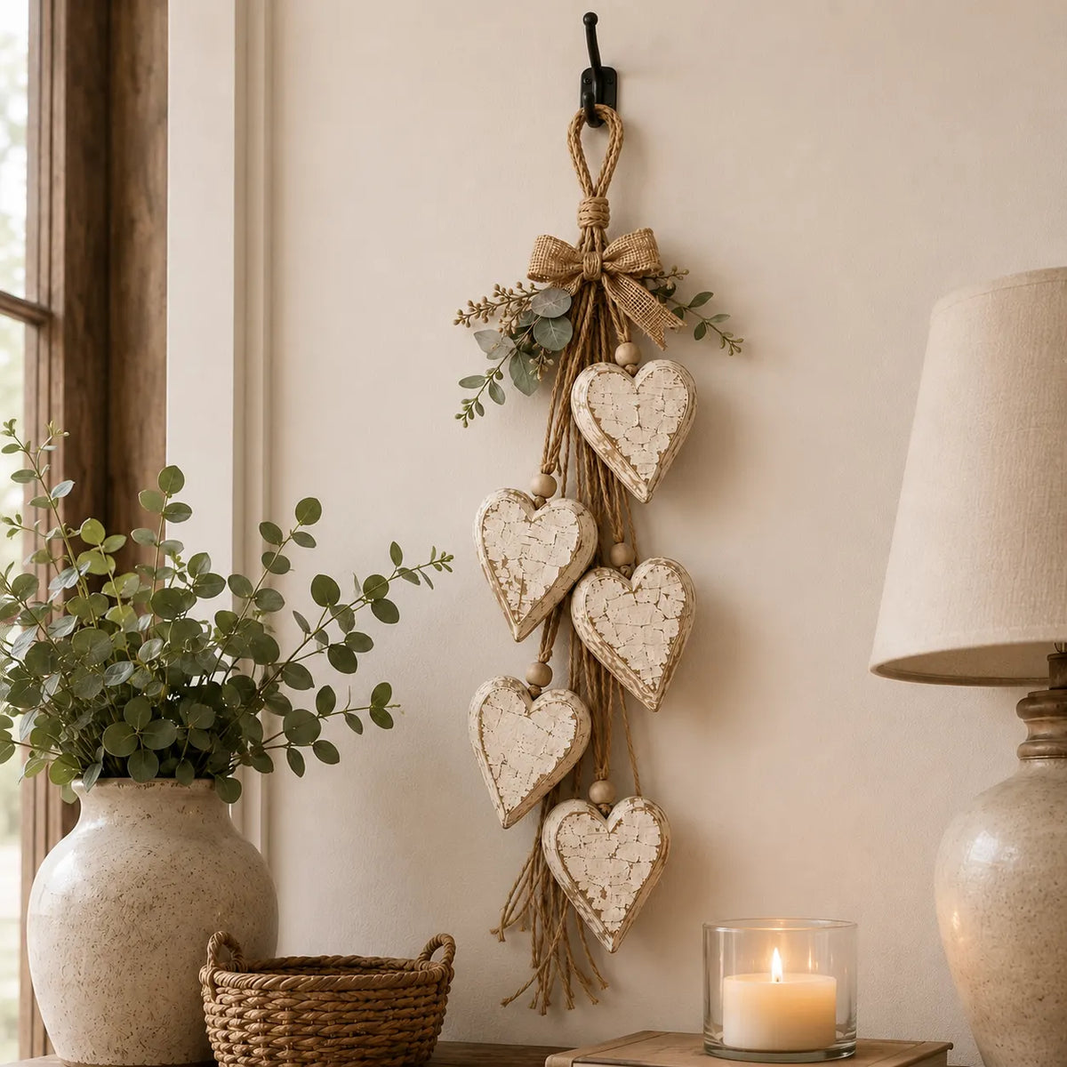 Alinora - Distressed Heart Tassel Wall Accent - Rustic Neutral