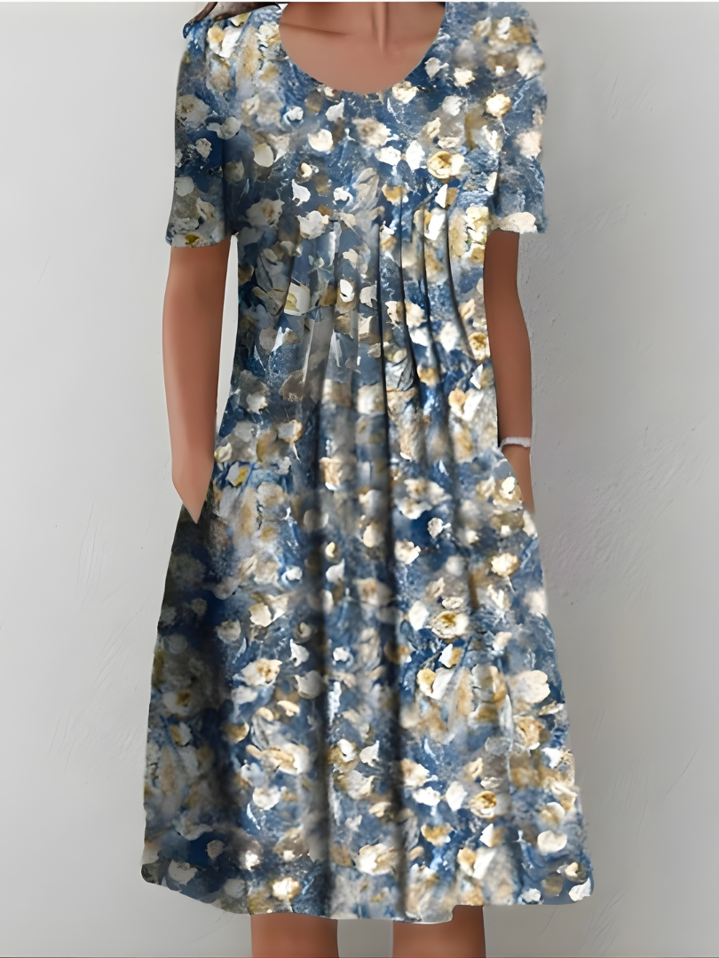 Amelia - Soft-Touch Pleated Dress - White (Red Flowers)