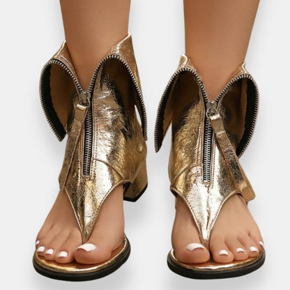 Gracelyn - Luminous Zip-Front Sandals - Gold