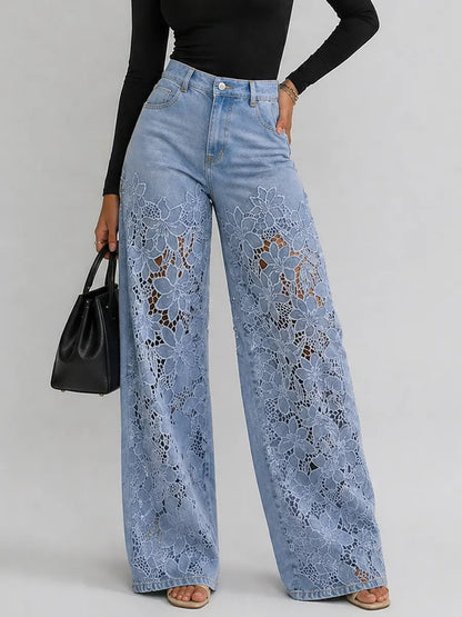 Kaliora - Floral Lace Wide Leg Jeans - Blue