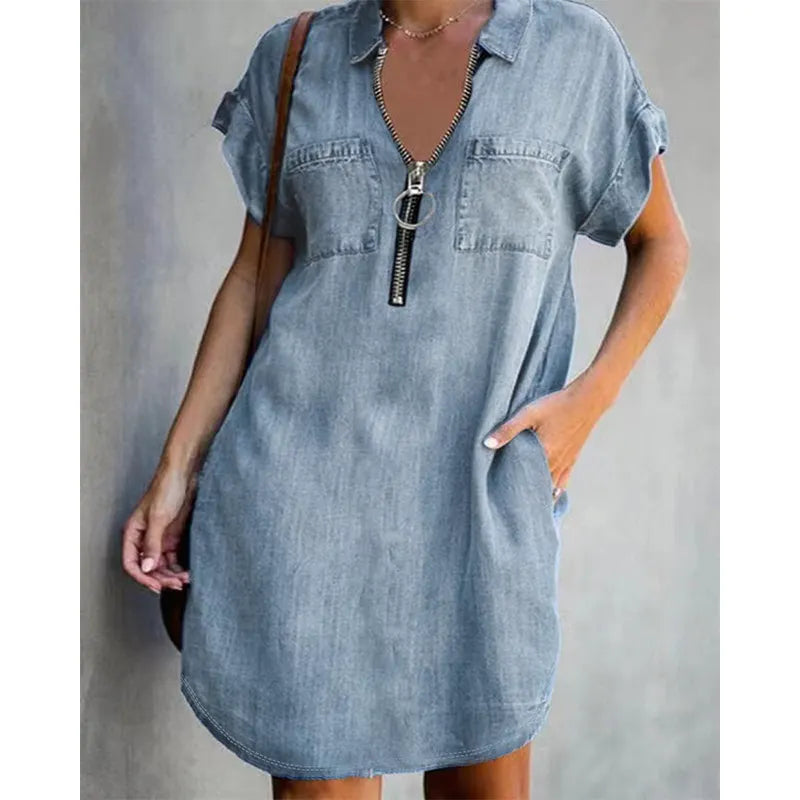 Genevalle - Casual Chambray Pocket Dress - Dark blue
