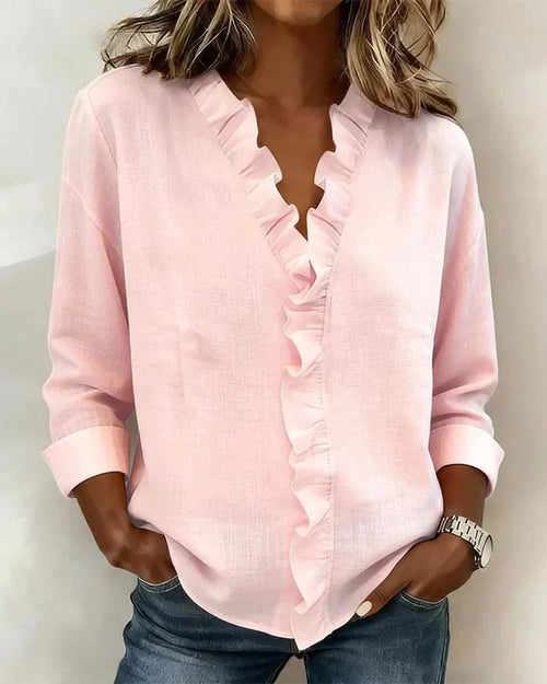 Brinae - Soft-Touch Long-Sleeve Ruffled V-Neck Blouse - Pink