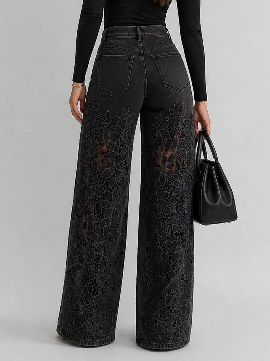 Kaliora - Floral Lace Wide Leg Jeans - Blue