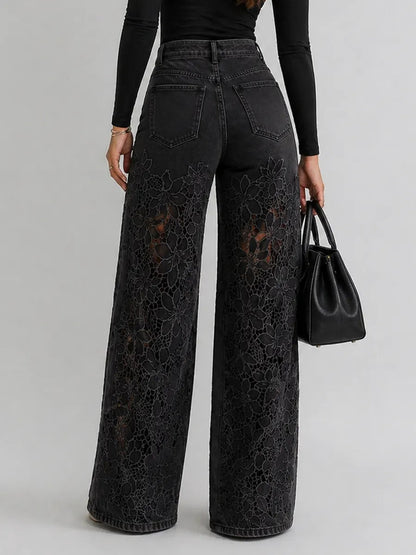 Kaliora - Floral Lace Wide Leg Jeans - Blue