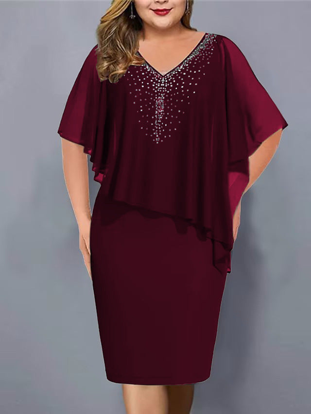 Lirienne - Premium Rhinestone V-Neck Midi Dress - Burgundy