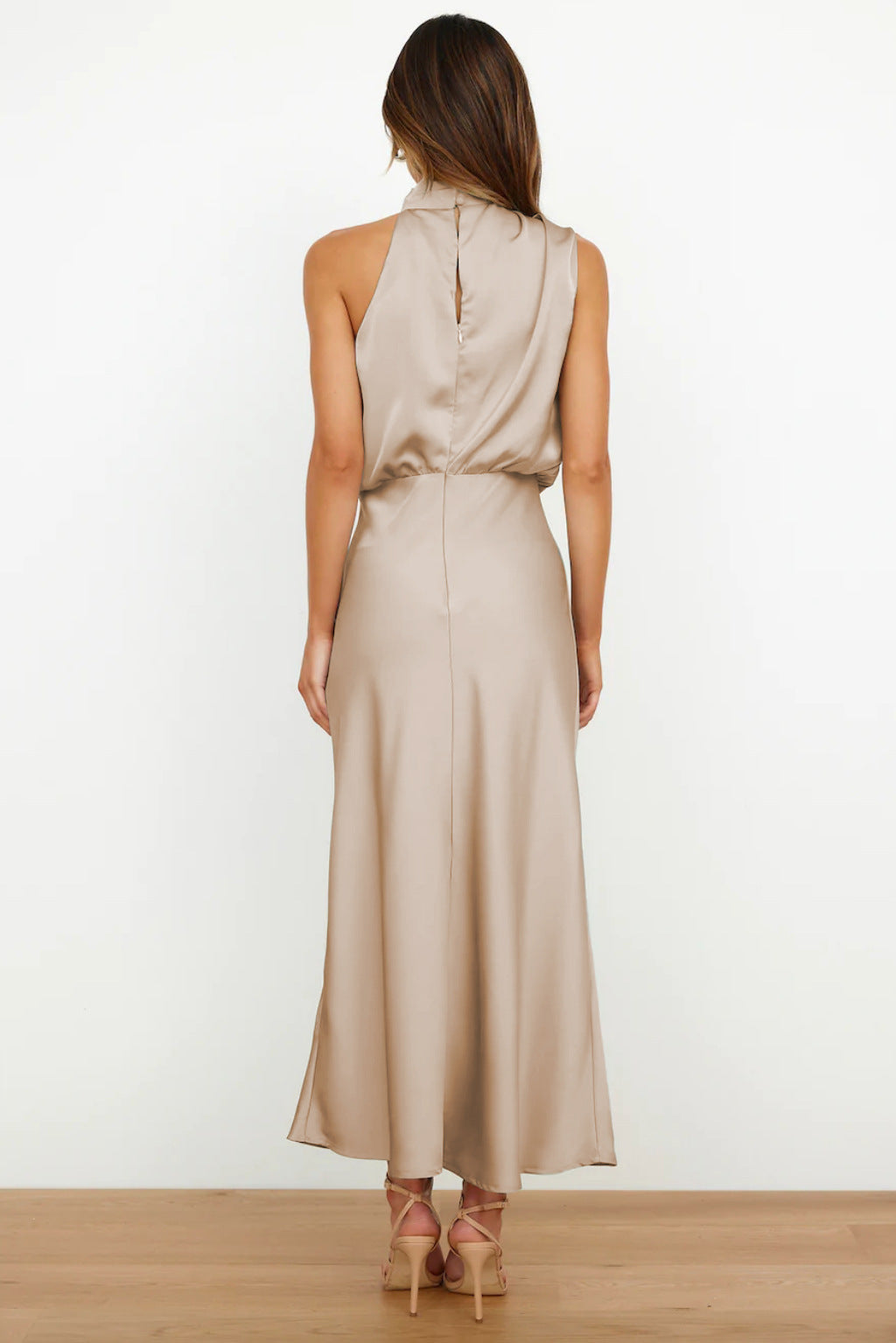 Melira - Regal High-Collar Maxi Dress - Light Brown