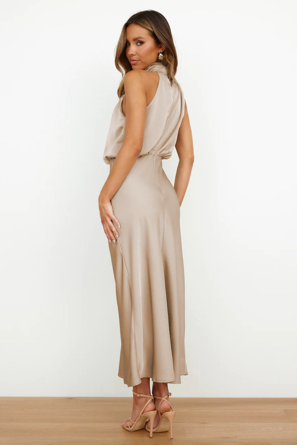 Melira - Regal High-Collar Maxi Dress - Light Brown