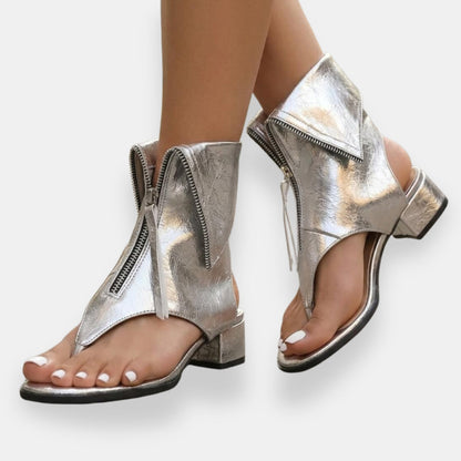 Gracelyn - Luminous Zip-Front Sandals - Gold