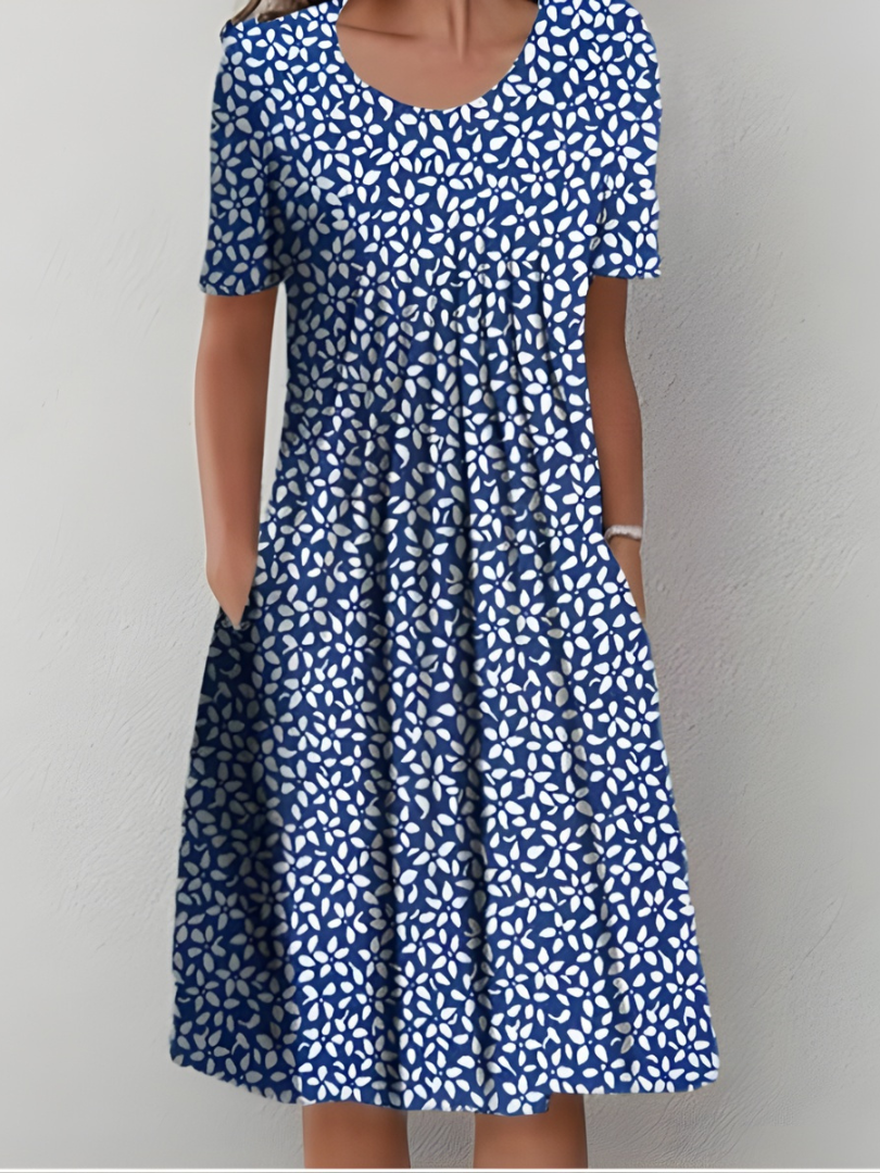 Amelia - Soft-Touch Pleated Dress - White (Red Flowers)