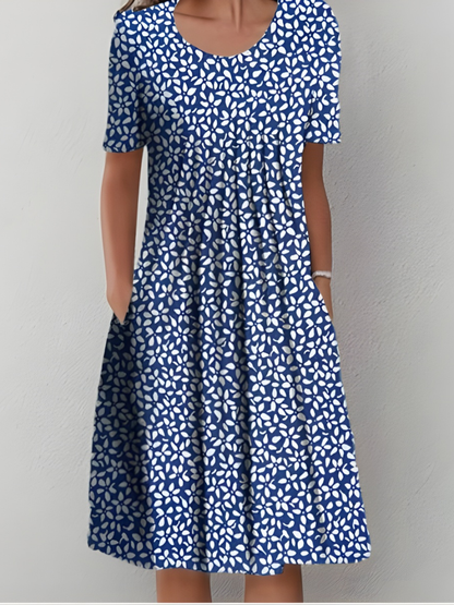 Amelia - Soft-Touch Pleated Dress - White (Red Flowers)