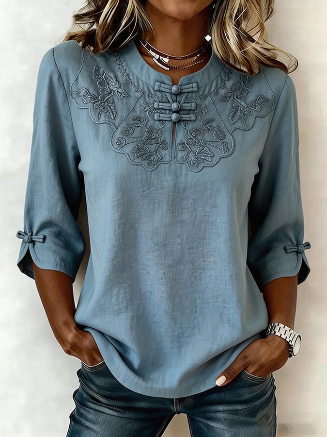 Cressida - Embroidered Mandarin Collar Blouse - Green