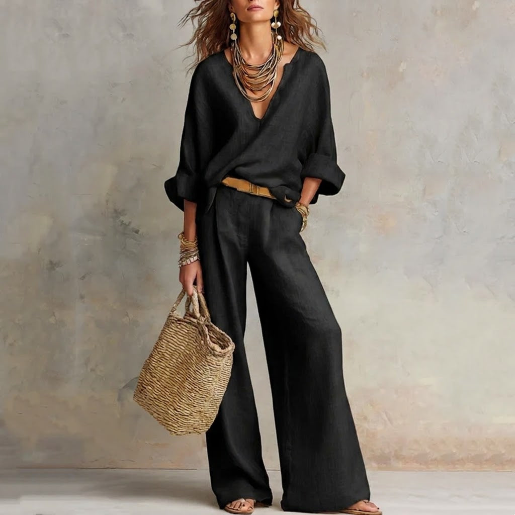 Zelora - Lightweight V-Neck Top & Wide-Leg Pants Set - Beige