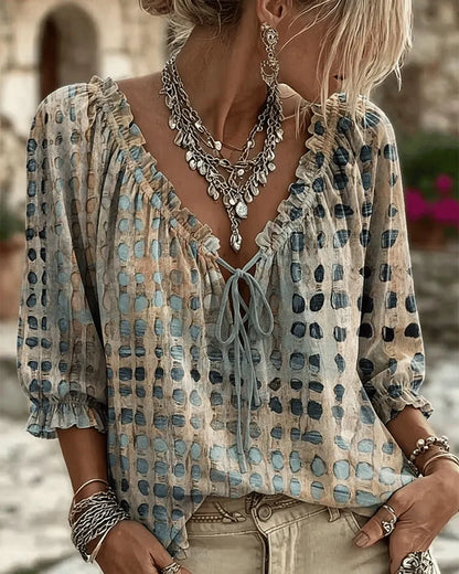 Araminta - Soft-Touch Lace-Up V-Neck Blouse - Blue