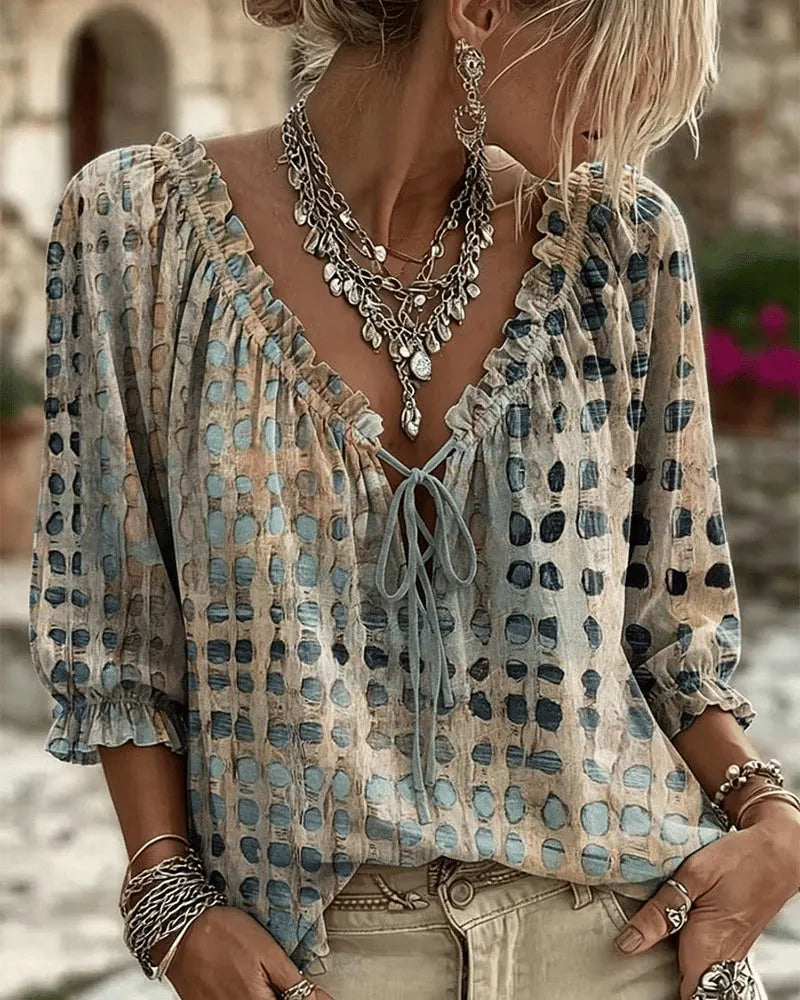 Bevelyn - Soft-Touch Polka Dot Lace-Up Blouse - Blue