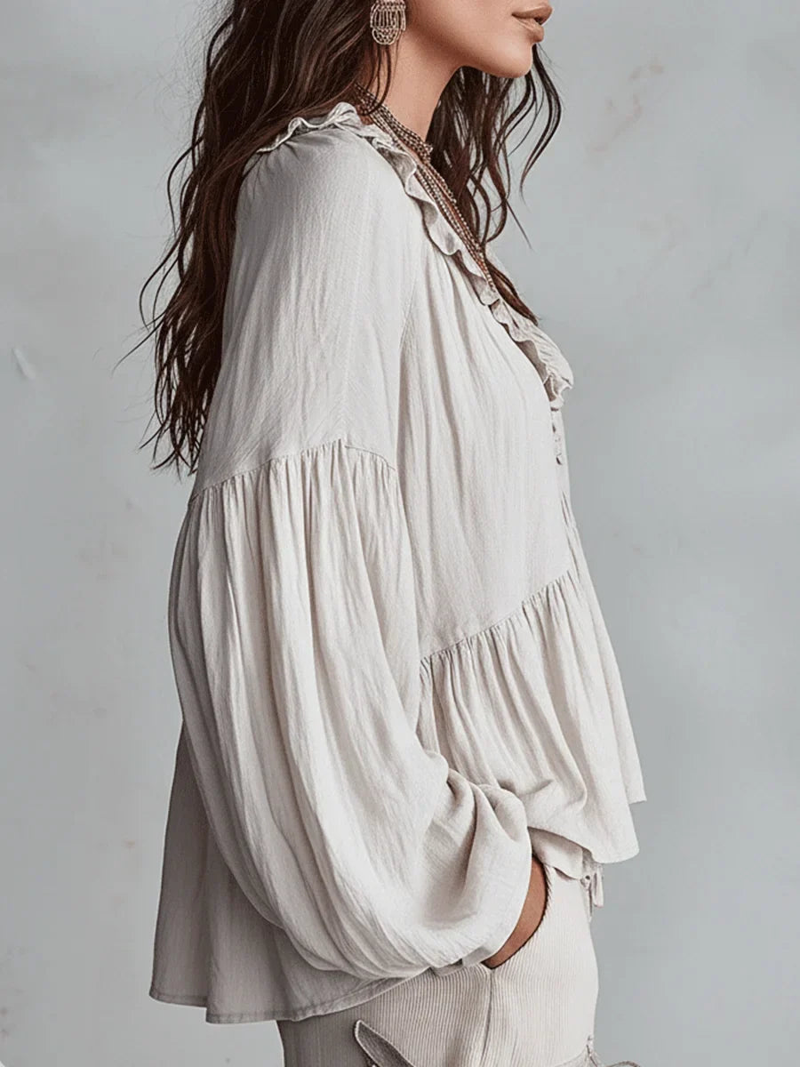 Narella - Ruffle V-Neck Blouse - Blue