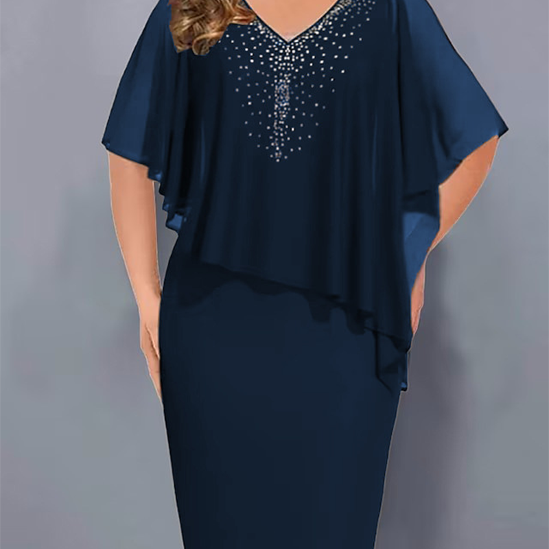 Lirienne - Premium Rhinestone V-Neck Midi Dress - Burgundy
