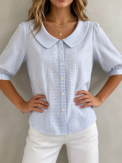 Xandria - Striped Button Blouse - Navy