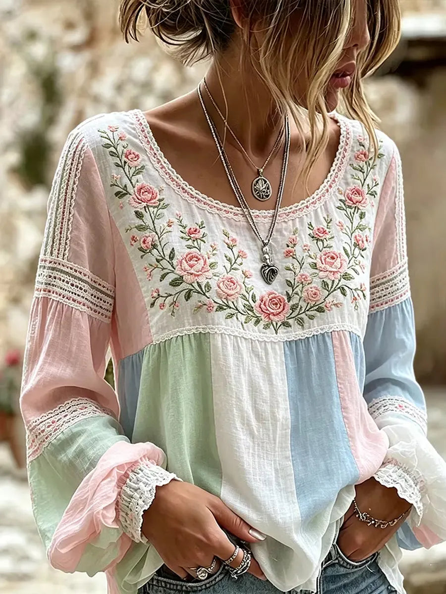 Tressalia - Embroidered Linen Blouse - Multicolour