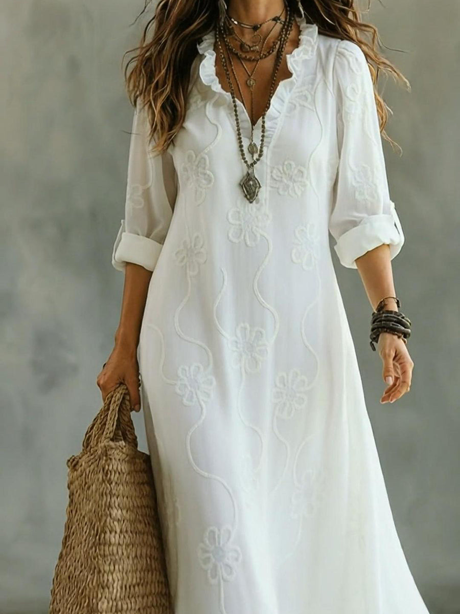 Kallie - Embroidered V Neck Maxi Dress Casual Fit - White