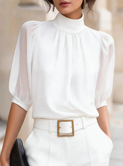 Valessique - Pleated High Neck Blouse - Blue