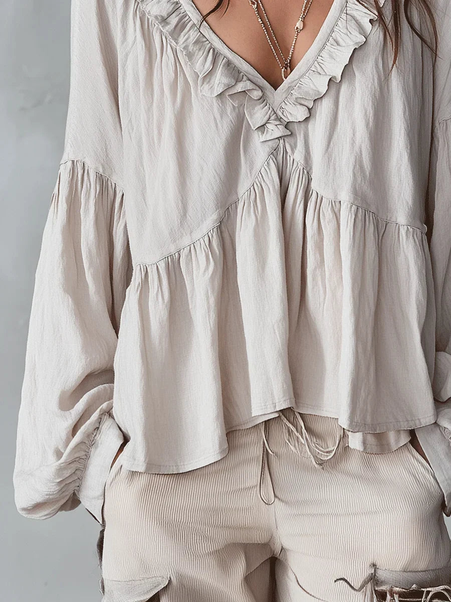 Narella - Ruffle V-Neck Blouse - Green
