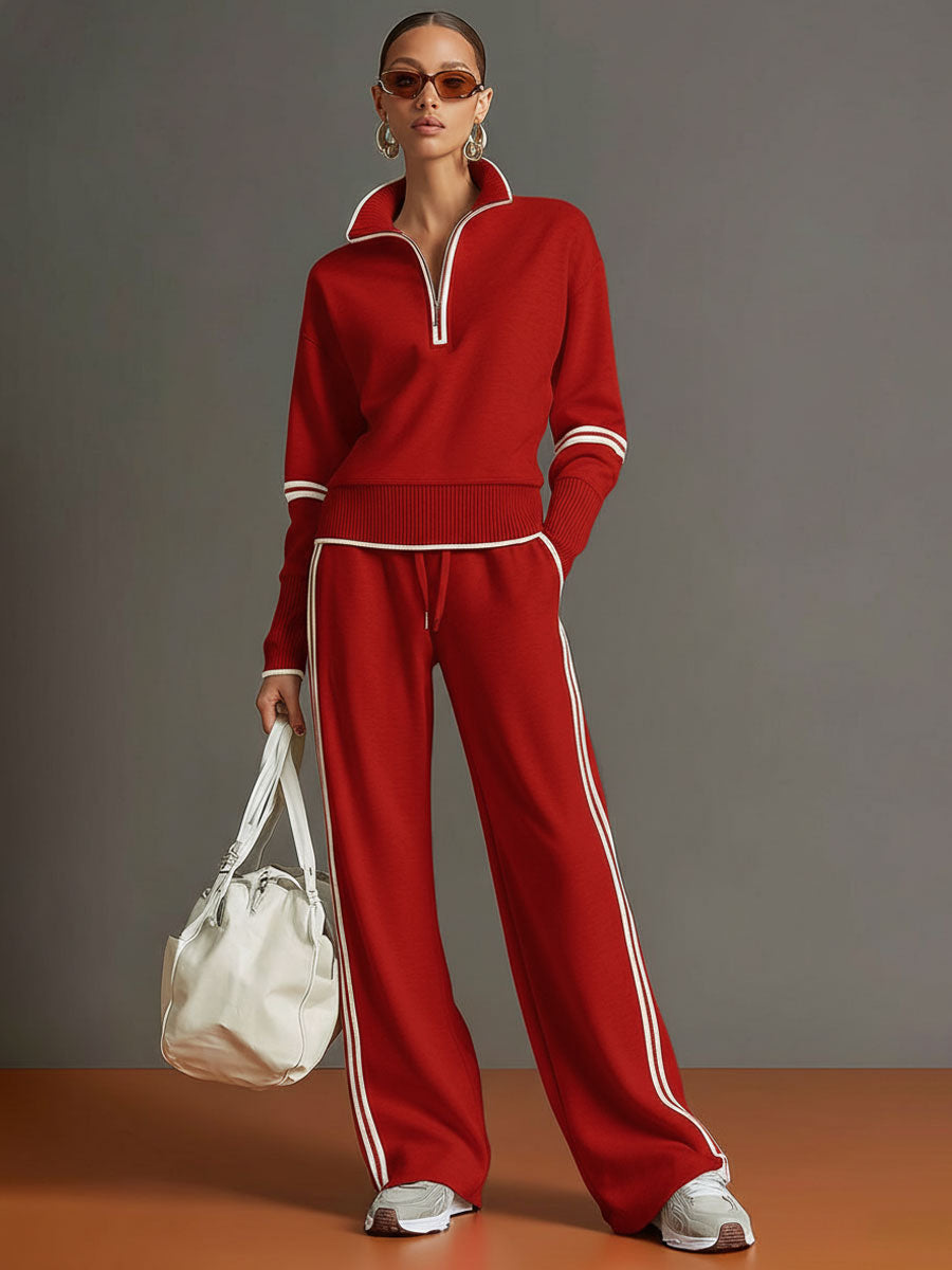 Honora - Soft-Touch Wide-Leg Two-Piece Set - Red