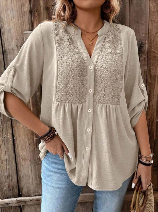 Halina - Soft-Touch V-Neck Blouse - Khaki