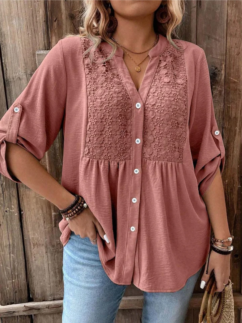 Halina - Soft-Touch V-Neck Blouse - Khaki