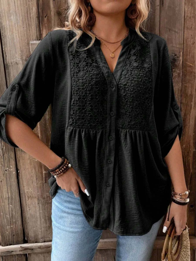 Halina - Soft-Touch V-Neck Blouse - Khaki