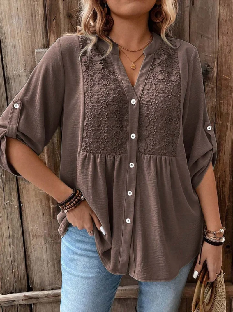 Halina - Soft-Touch V-Neck Blouse - Khaki