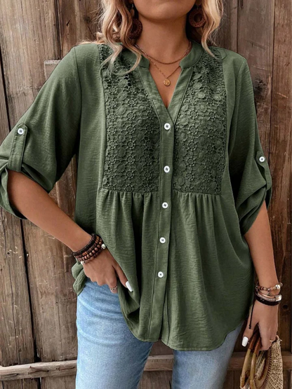 Halina - Soft-Touch V-Neck Blouse - Khaki